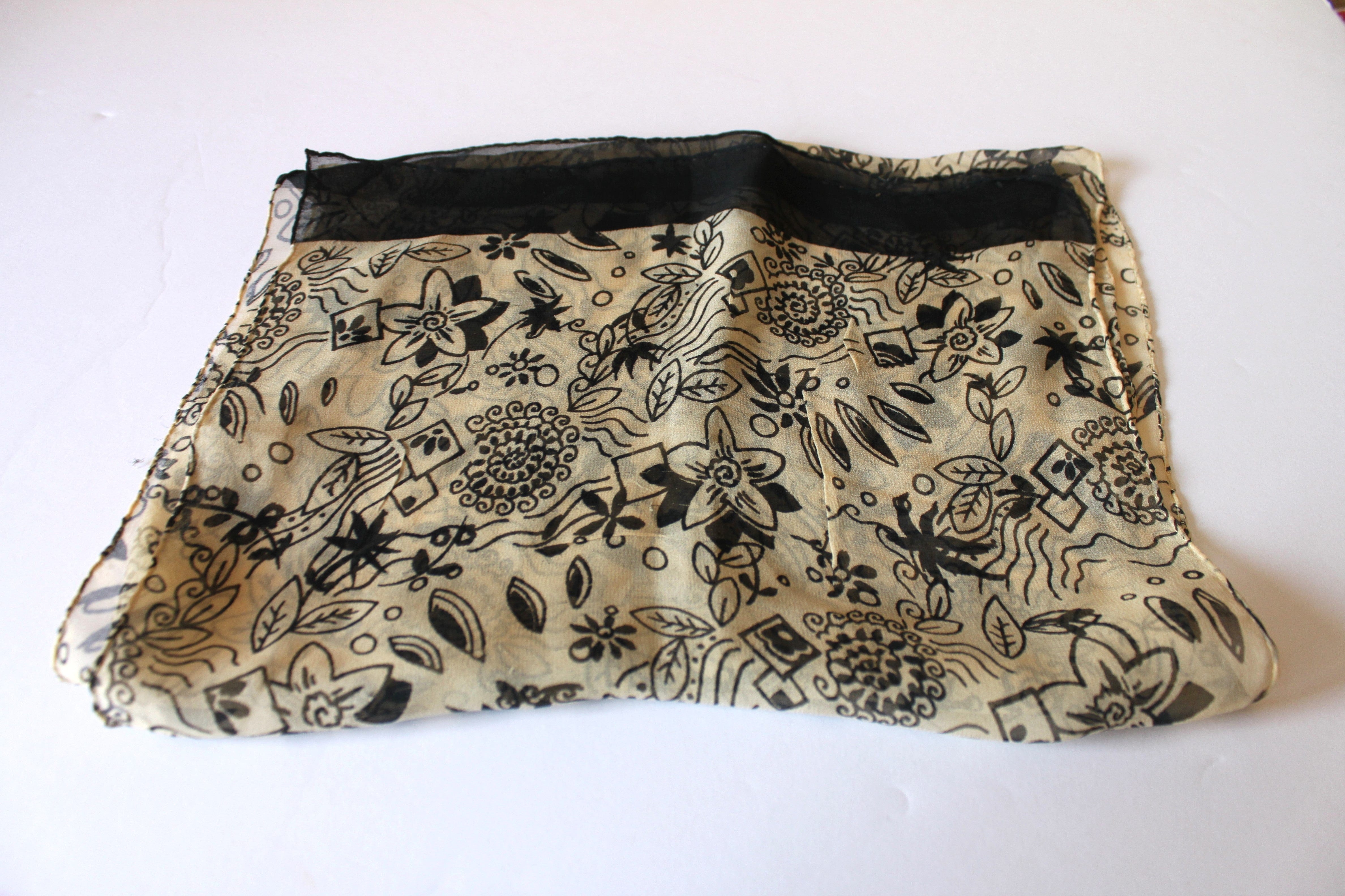 Scarf - Soft/Sheer Modern Floral Print - Beige and Black  (38x12" rectangle) S015