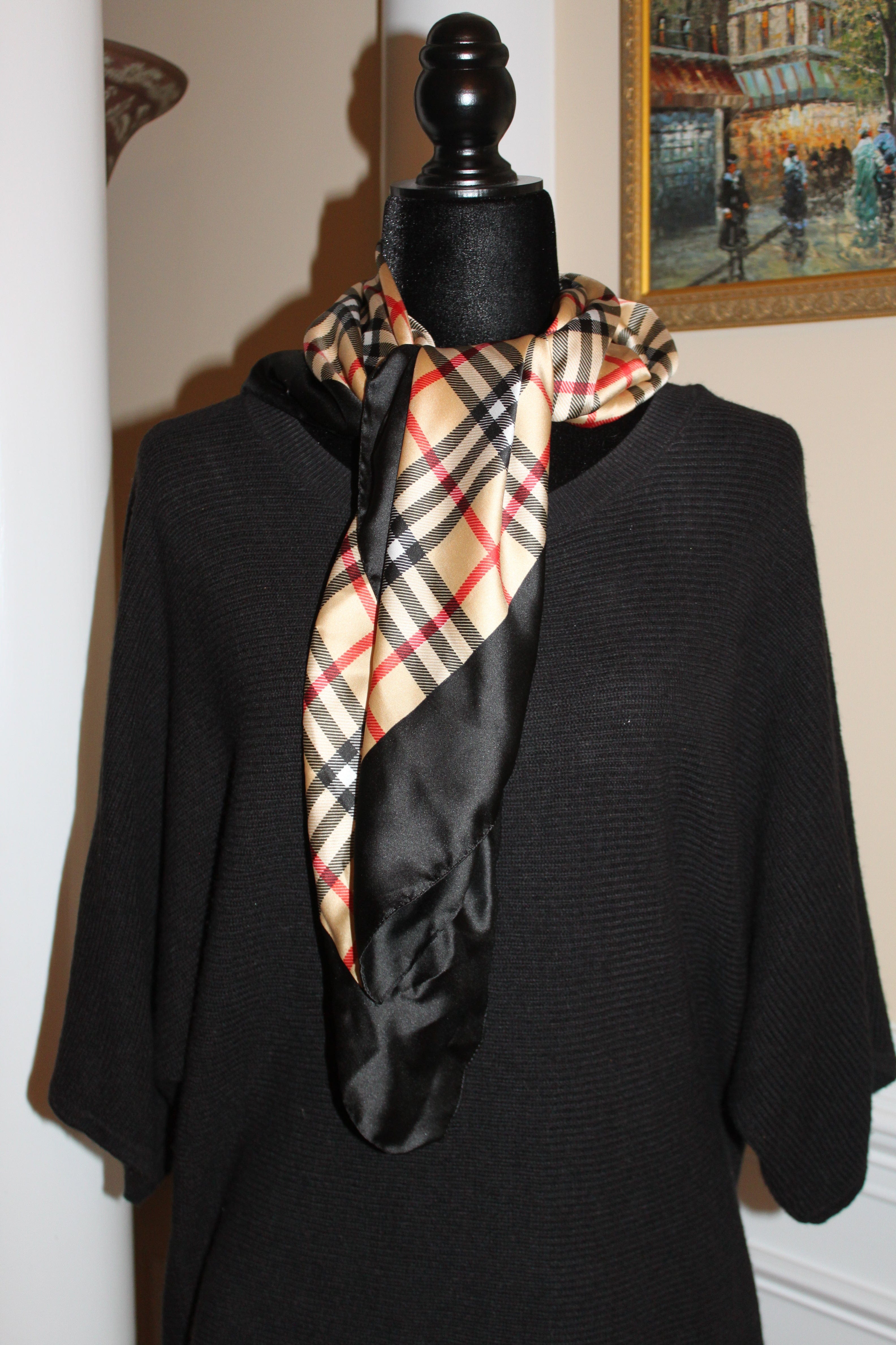 Scarf Wrap Head Cover Plaid Pattern beige, black, white, red (34" square) S012
