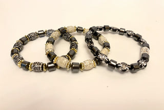 Set of 3 Bracelets - porcelain/glass beads and hematite natural stone in black/white/gray - 6.5" JL148