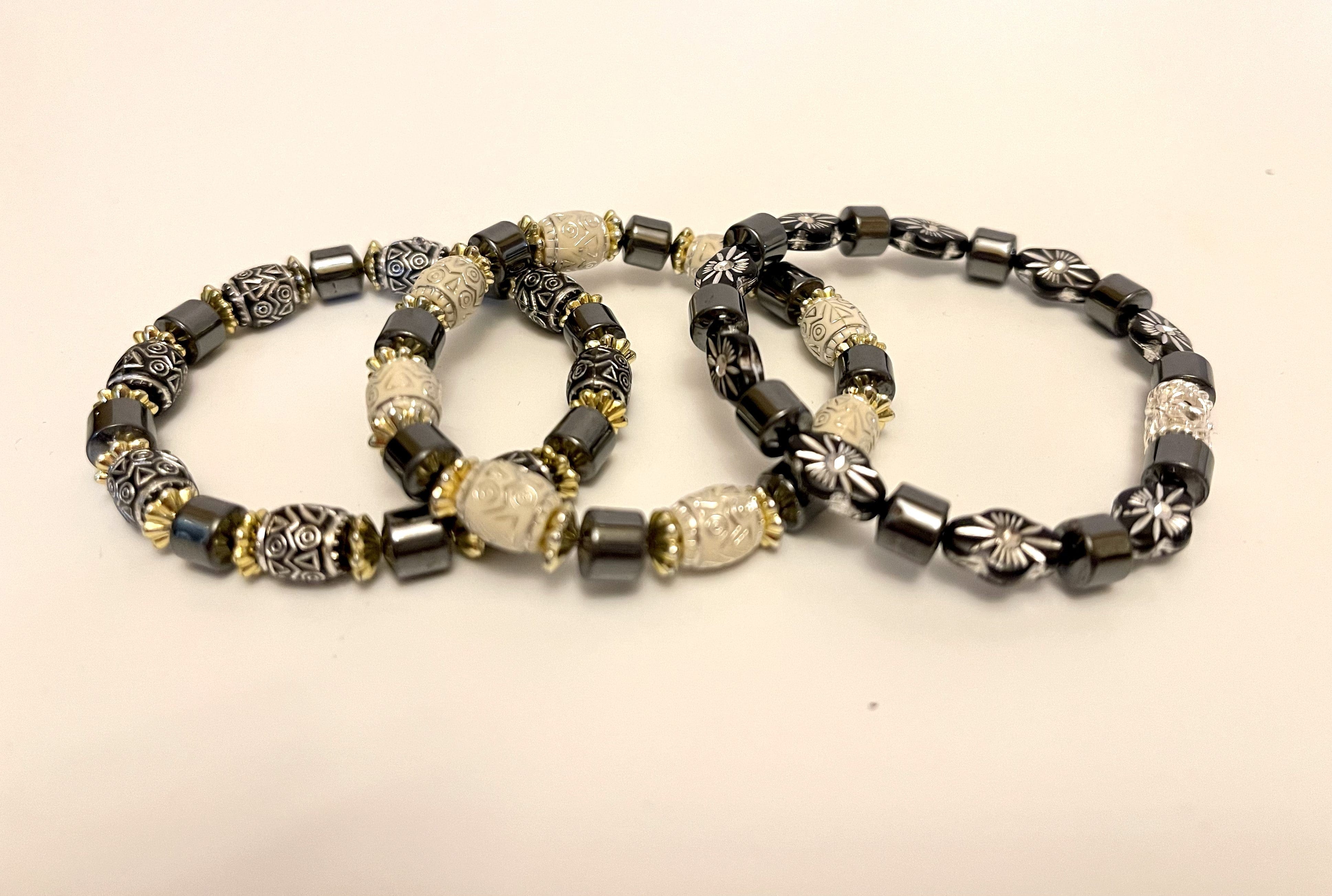 Set of 3 Bracelets - porcelain/glass beads and hematite natural stone in black/white/gray - 6.5" JL148