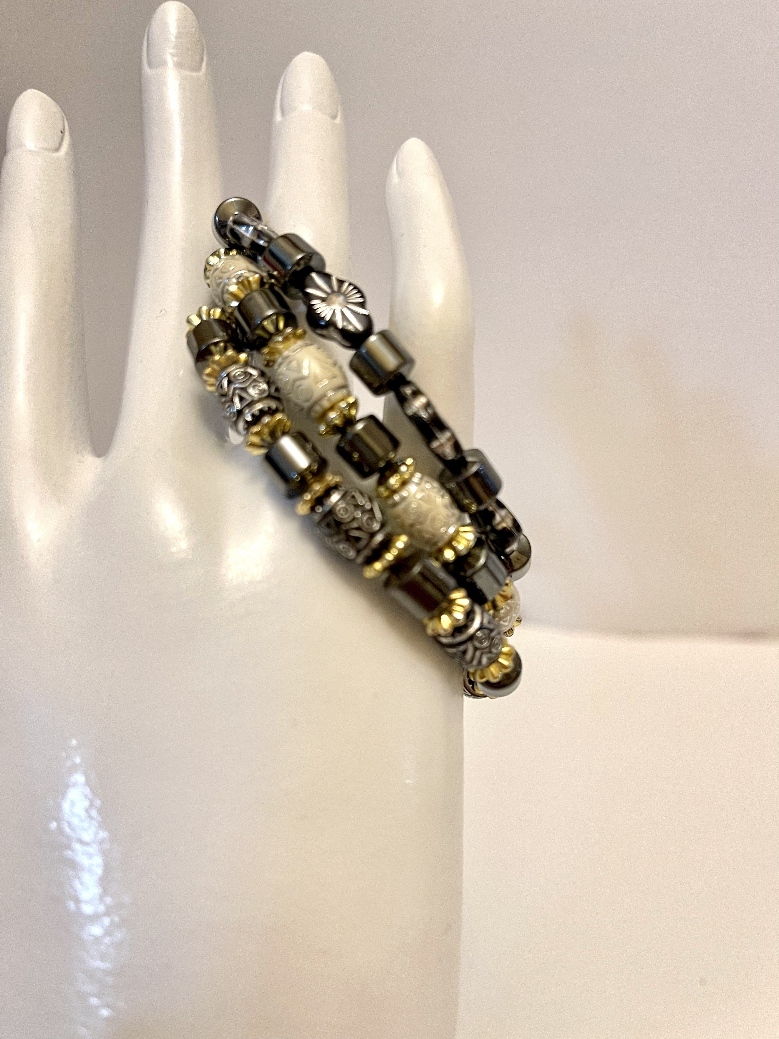 Set of 3 Bracelets - porcelain/glass beads and hematite natural stone in black/white/gray - 6.5" JL148