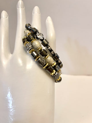 Set of 3 Bracelets - porcelain/glass beads and hematite natural stone in black/white/gray - 6.5" JL148
