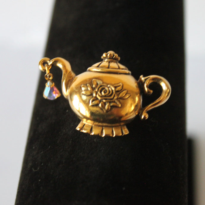 Vintage Brooch Gold antique tea pot with crystal tear drop  (1.5