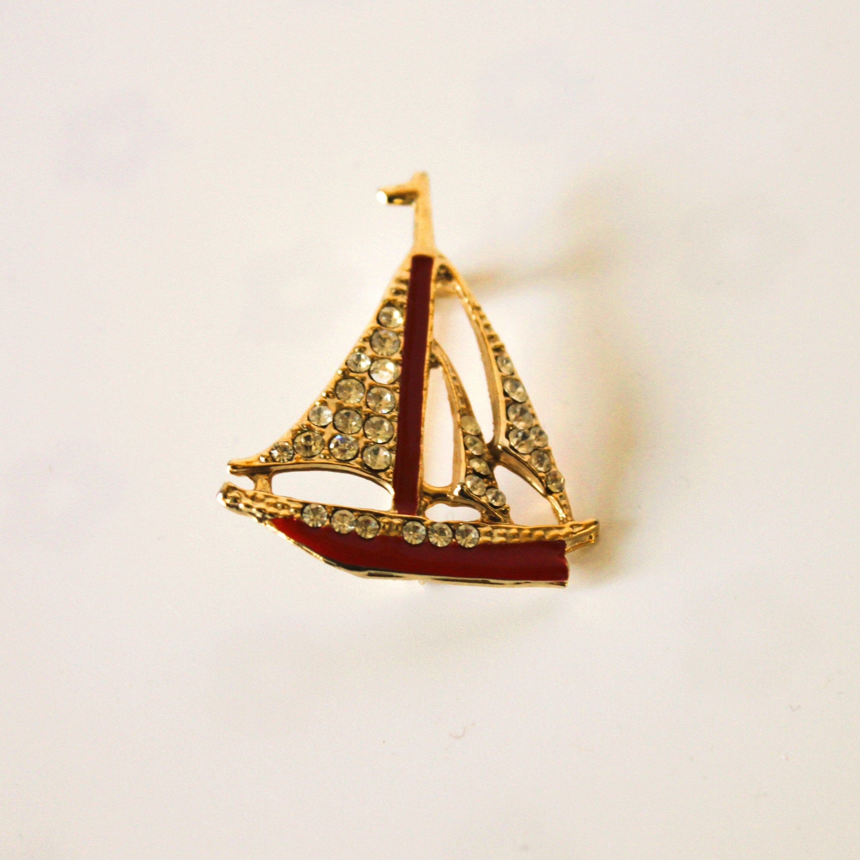 Vintage Brooch Gold/Enamel/ Rhinestones - Beautiful Sailboat  (1.5"Lx1.25"W) JL035