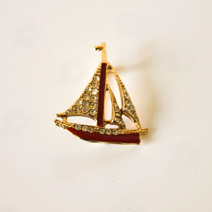 Vintage Brooch Gold/Enamel/ Rhinestones - Beautiful Sailboat  (1.5